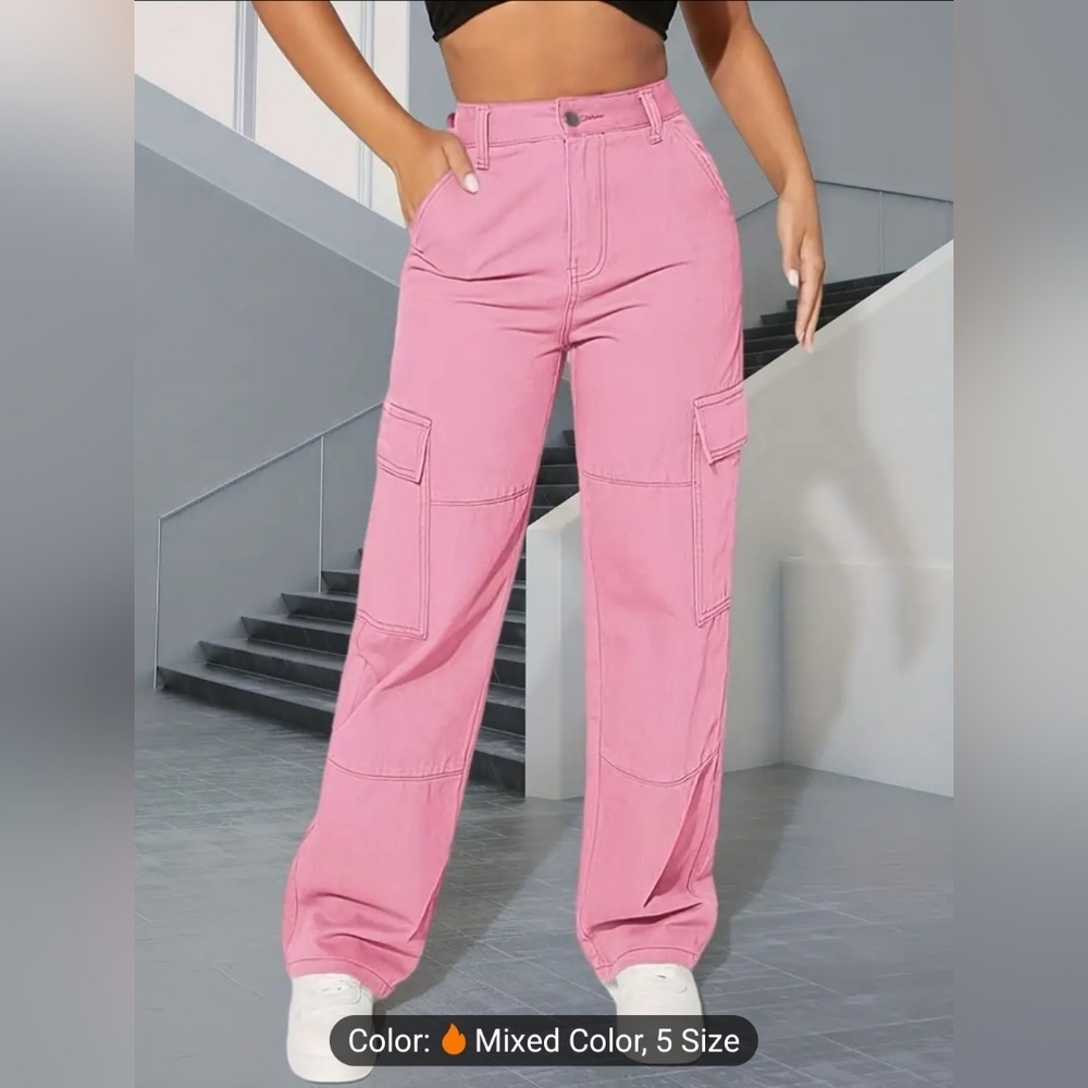 High-Rise Cotton Pants Jeans Casual Everyday Trousers - Pink - S
